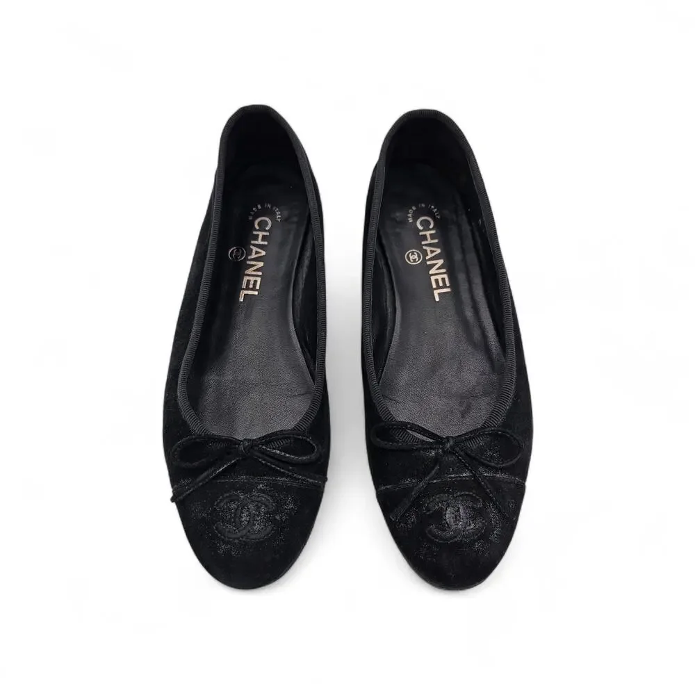 Chanel CC Cap Toe Ballet Ballerina Flat Slipper Black Suede Size 37.5 US 6.5 7 - Picture 2 of 11